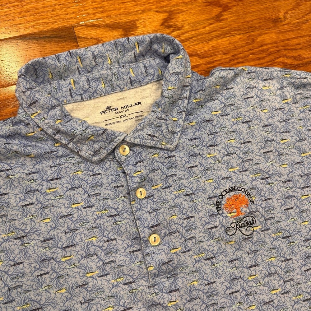 Peter Millar Seaside Kiawah Ocean Course Golf Polo Shirt Mens 2XL Fish Print AOP